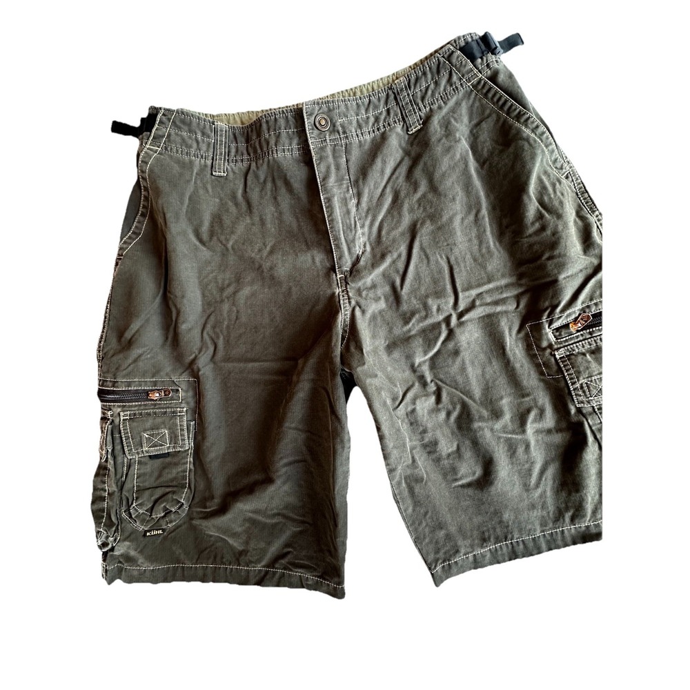 Kuhl Dry Mens Cargo Shorts XL Olive Green Hiking Utility Rugged Cotton Nylon
